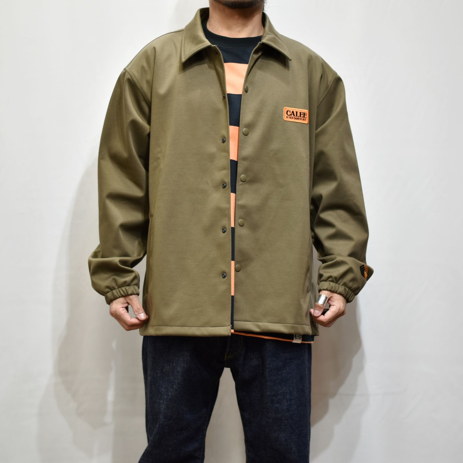 CALEE - COTTON POLYESTER HIGH GAUGE BONDING COACH JACKET (OLIVE