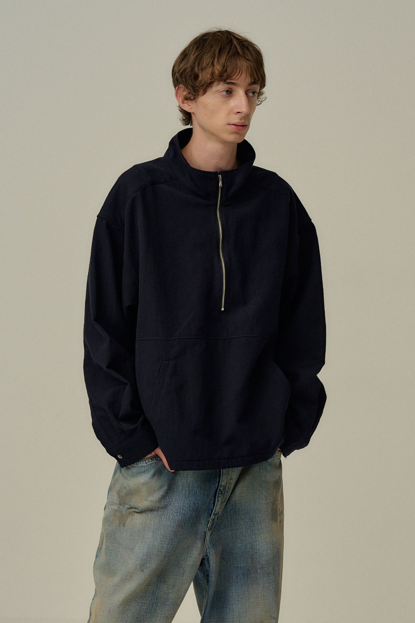 ANCELLM - WOOL HALF ZIP PULL OVER SHIRT | BLACK | ハーフジップ