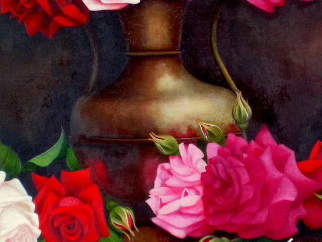 志村好子「薔薇」（赤・ピンク・白）油彩画・F8・”優雅な薔薇”