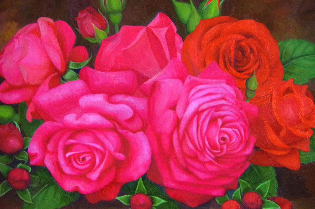 バラの絵・志村好子「薔薇」F4・油彩・【送料無料】