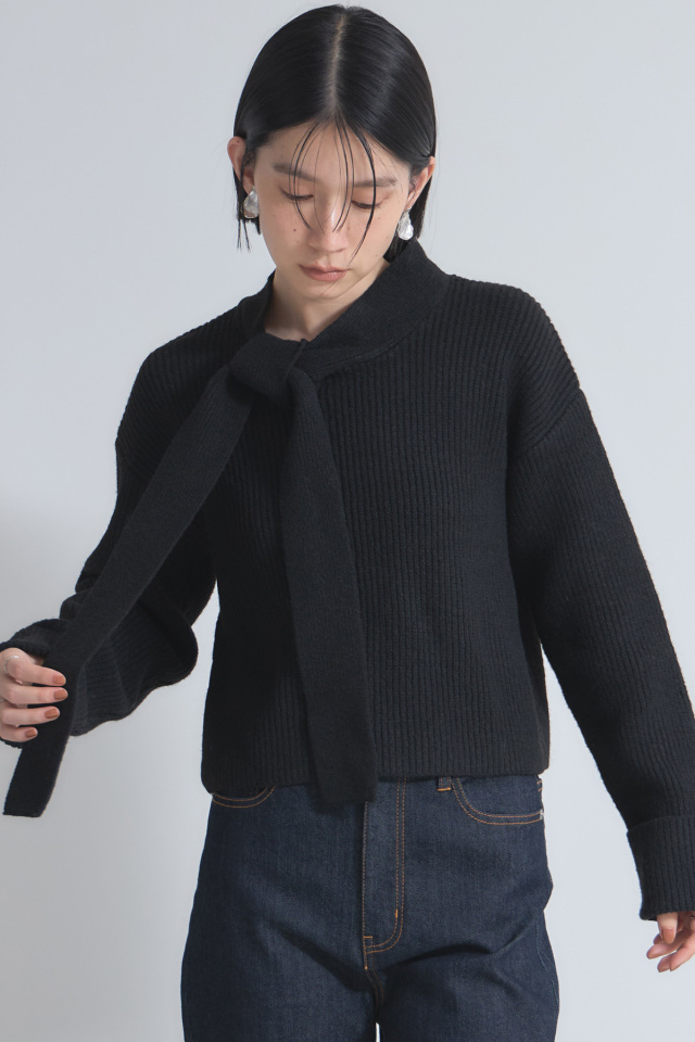 ボウタイリボン畦ニットプルオーバー