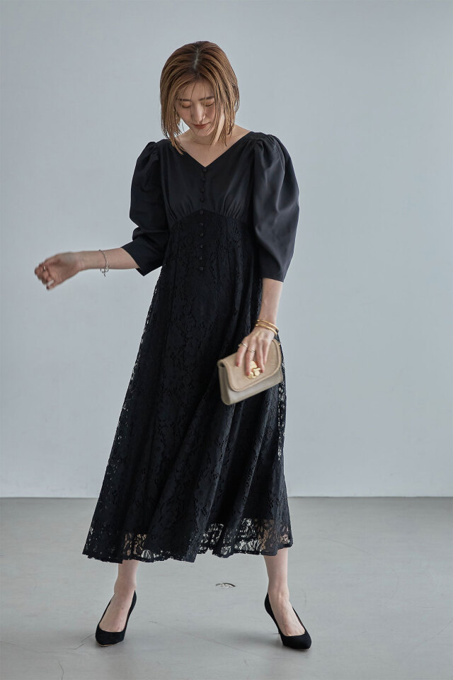 Vネックレースワンピースドレス
