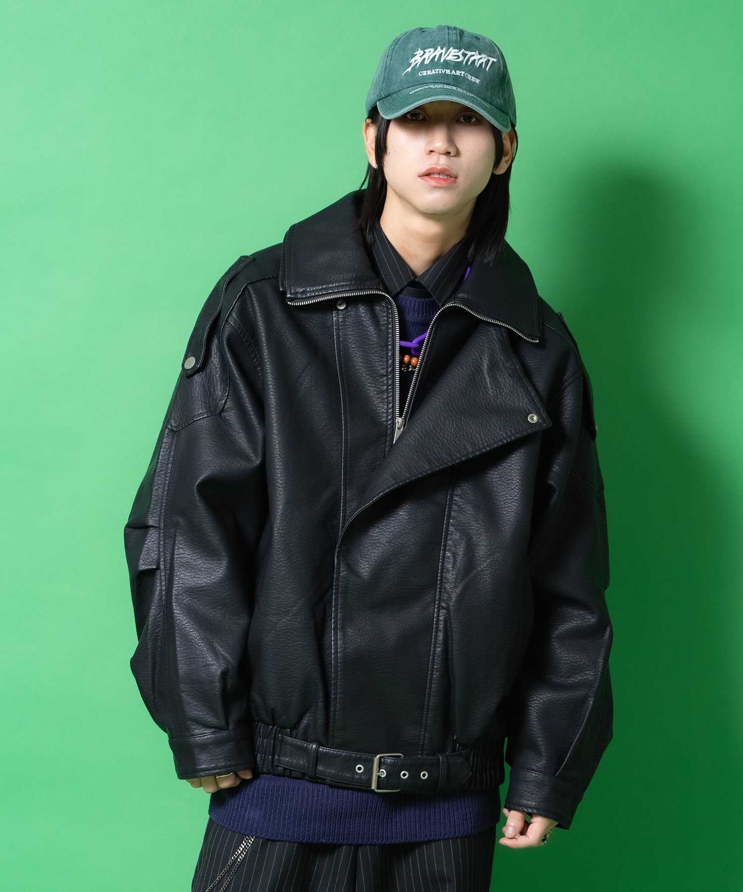 ダブルカラー合成皮革オーバーサイズアシンメトリーラペルダブル