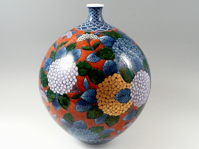 村上玄輝 作品】朱濃紫陽花絵 尺1寸花瓶
