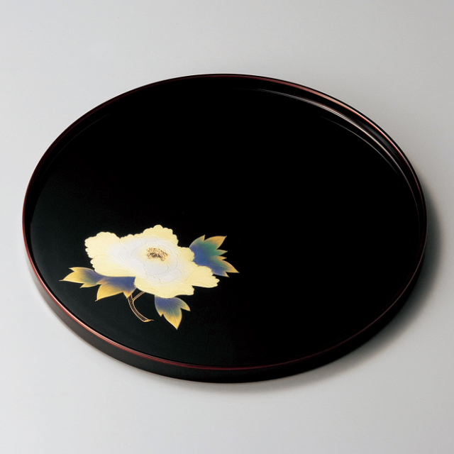 丸盆 10.0 牡丹沈金 溜 木製 漆塗り 12-10104 漆器の井助