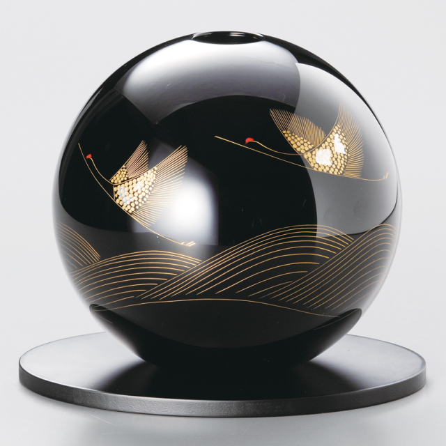 丸型花器（花台付） 波に鶴 黒 漆塗り 12-13907 漆器の井助