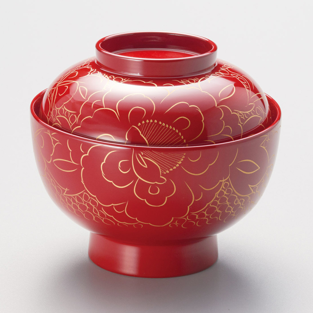 雑煮椀 金牡丹 朱/黒内朱 漆塗り 12-01005/01006 漆器の井助