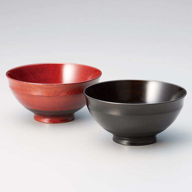 夫婦飯椀 鉋目 （大）黒・（小）古代根来 2客セット 木製 漆塗り 12