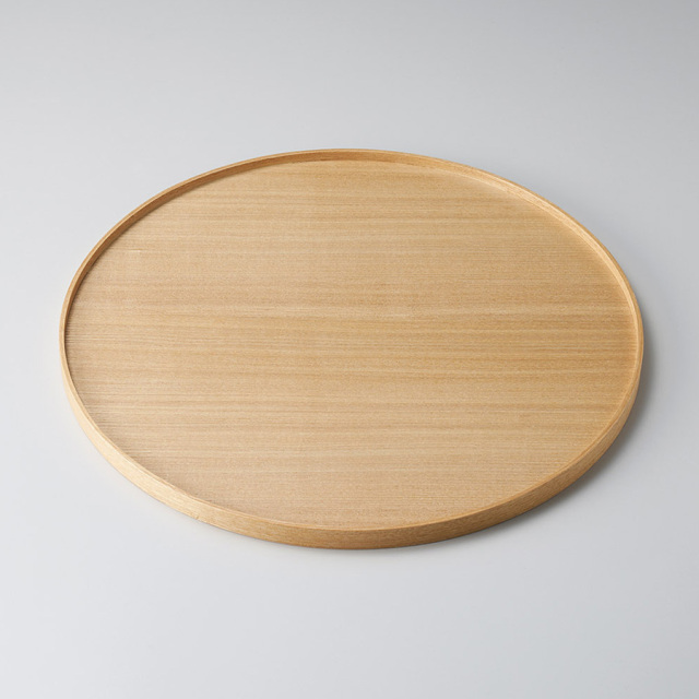 梻(タモ)製円形盆 黄褐色 木目模様 箱付き 梻(タモ)製円形盆 黄褐色