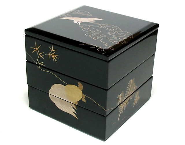 三段重箱 鶴亀 6寸 木製 漆塗りお重箱 漆器の井助