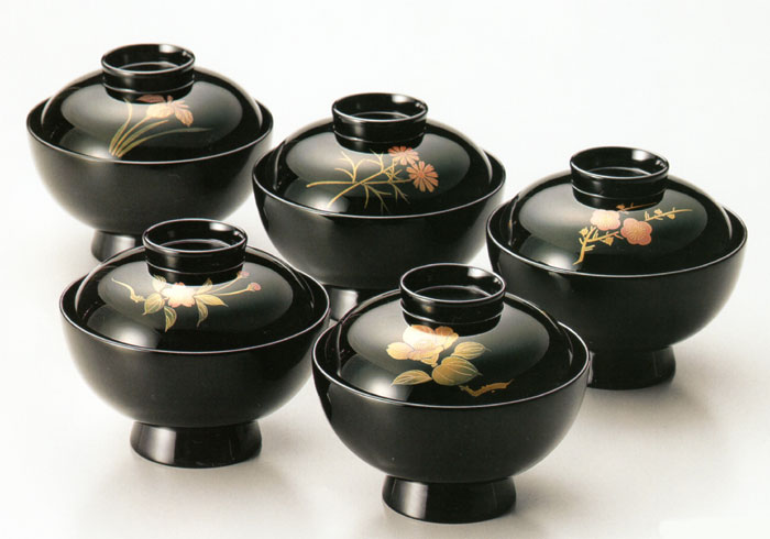 吸物椀 五草花蒔絵 黒 5客セット 木製 漆塗り（製造中止） 漆器の井助