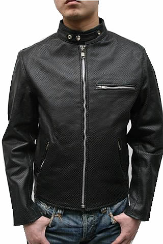 水牛革 シングルライダースジャケット パンチング加工 メンズ ブラック