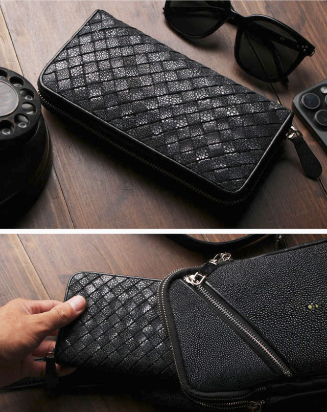 長財布 スティングレイ／エイ革 ガルーシャ 編み込み ラウンド