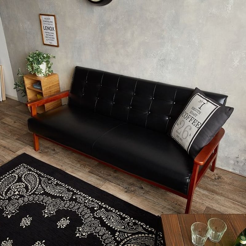 3人掛け ソファー ビンテージ調 レザーソファ 〈 レトロ風×ウッド