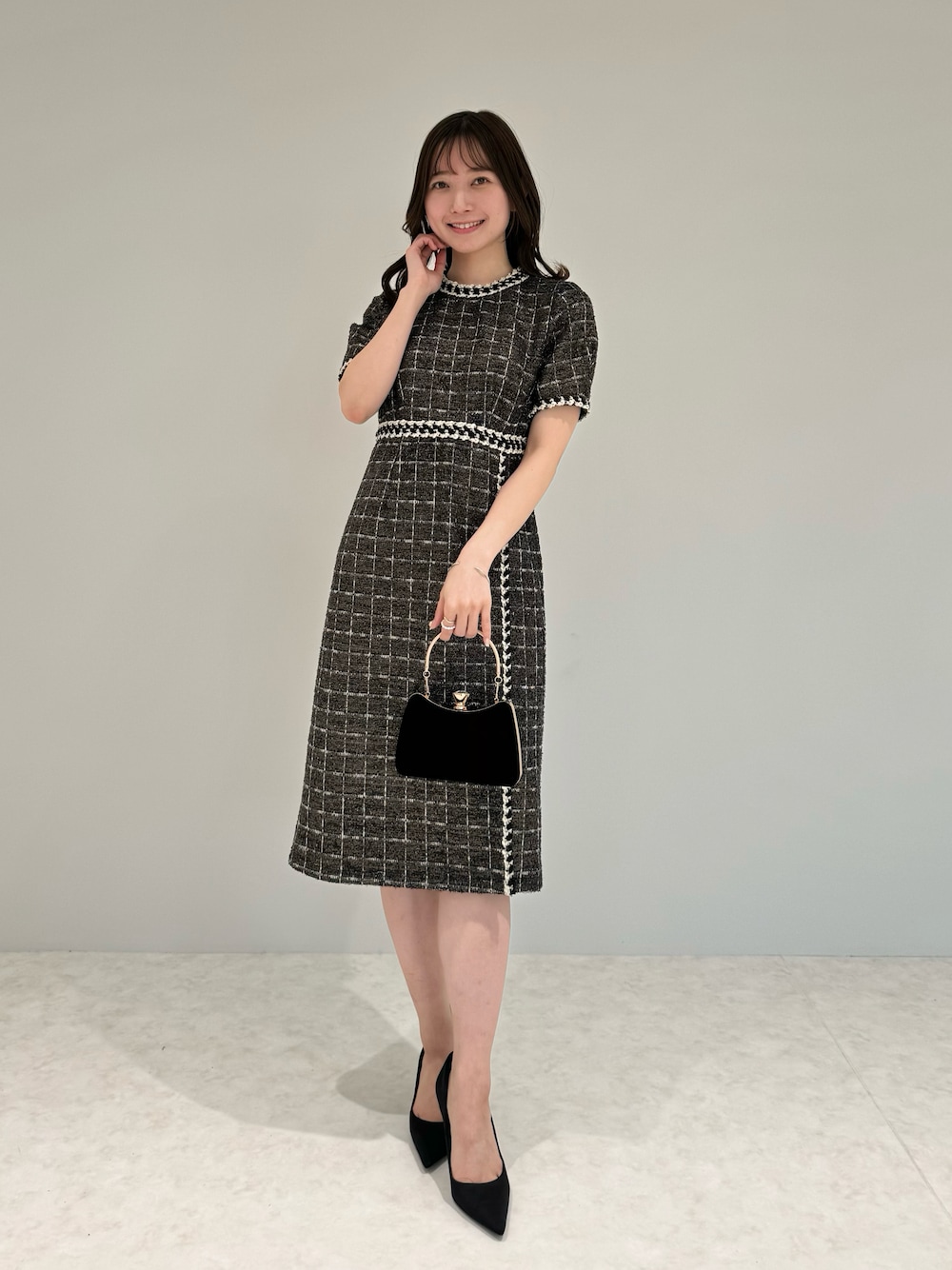 LEJA】ツイード柄ハイウエストソフトパフスリーブ半袖ドレスワンピース