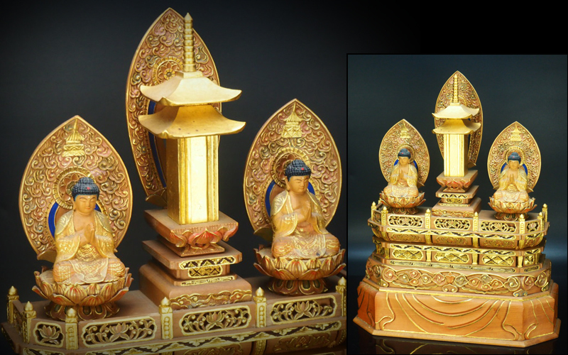 三宝尊 [大#81] 題目宝塔 釈迦如来坐像 多宝如来坐像 ◇白檀 木彫 仏像