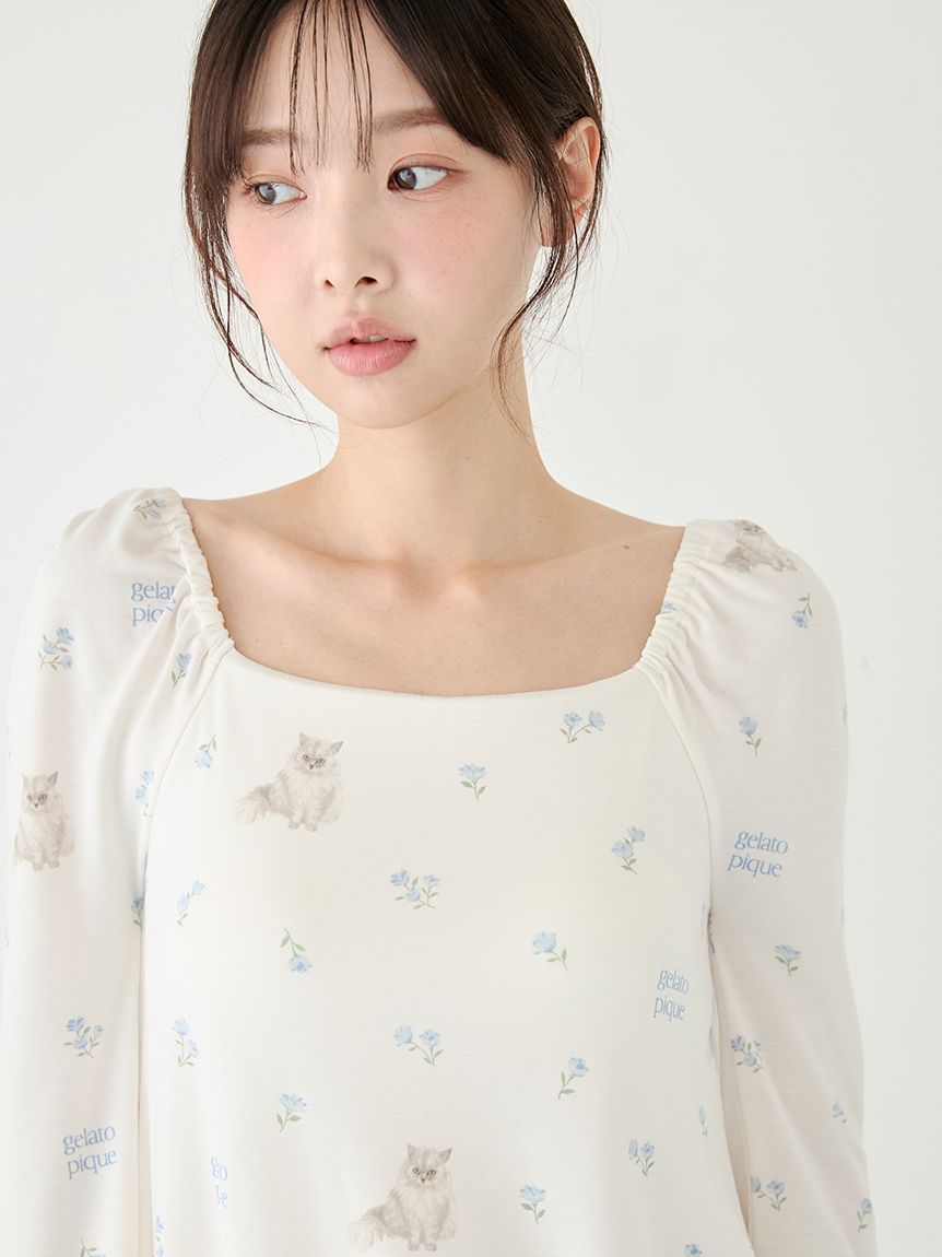 フラワーキャット柄カップインプルオーバー(カットソー・Tシャツ