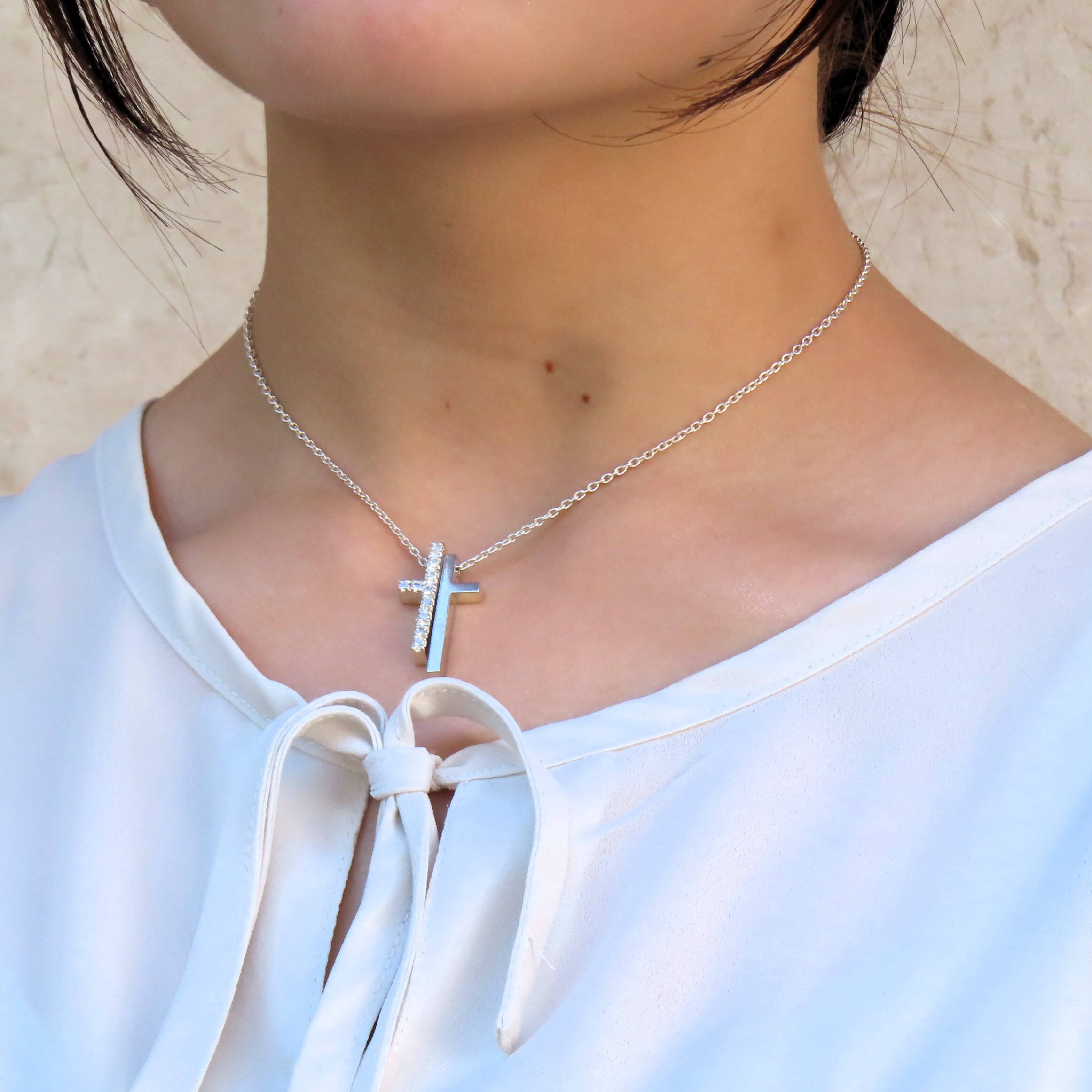 セパレートクロスネックレス シルバー925 クリア 透明 キュービック