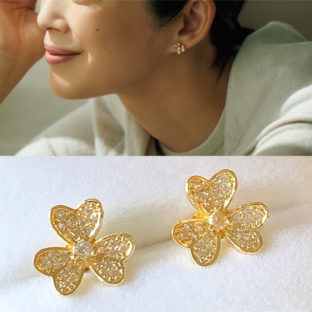 新品・未使用】 三つ葉 フリヴォル デザイン パヴェ ピアス ノー