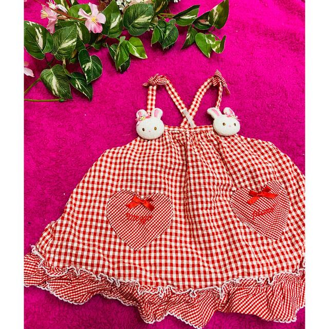 mezzo piano - メゾピアノ 立体うさぎ ギンガムチェック 赤 トップス