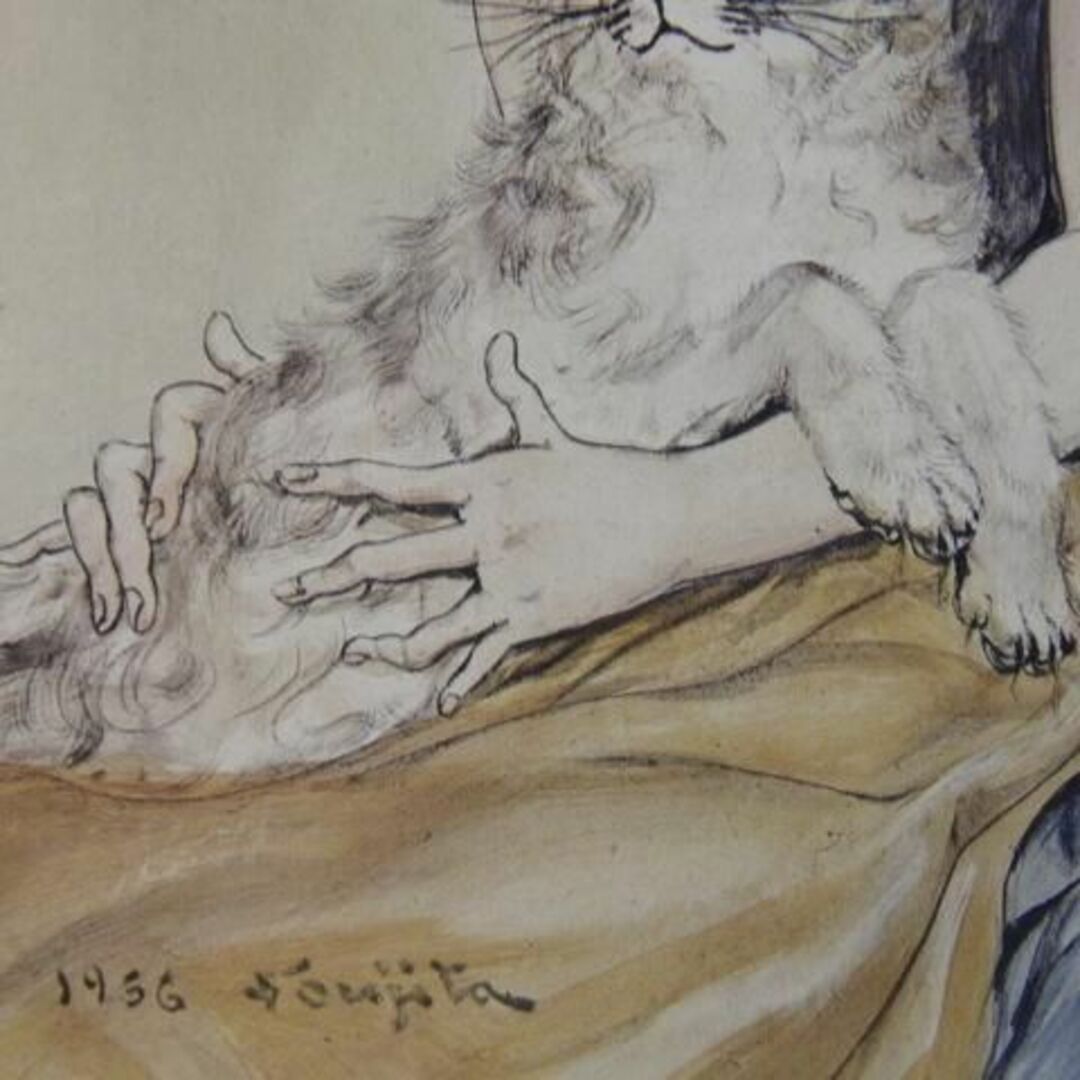 藤田 嗣治、「猫を抱く少女」希少、オーダーマット付額装・画集画