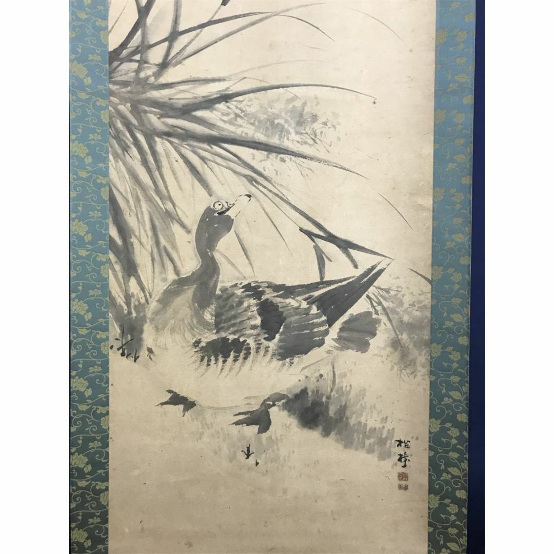 真作】藤井松林/芦雁図/秋草雁図/花鳥図/掛軸/名家伝来/AD-354
