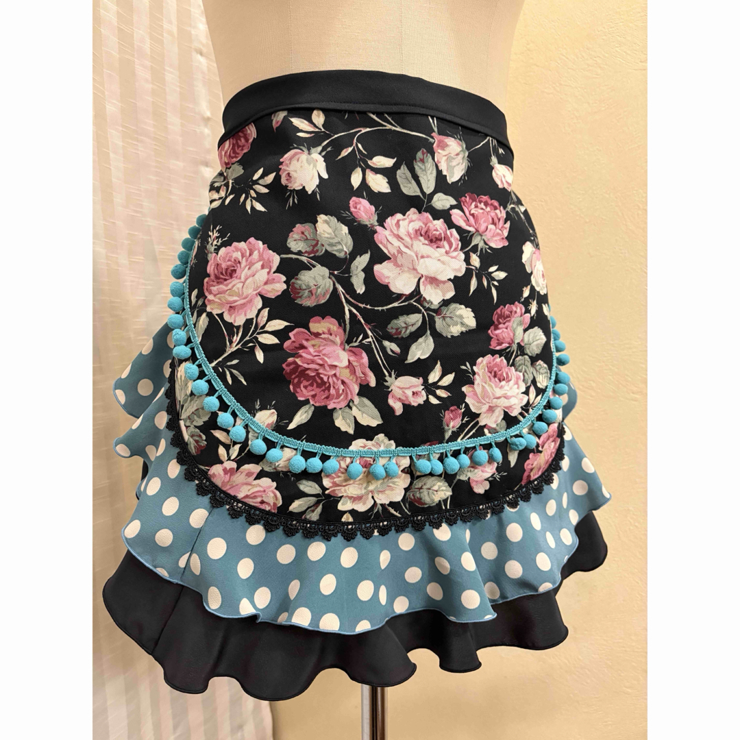 みりま様専用 エプロン 黒ピンクバラ柄 シージョ ブルーグレー水玉/黒