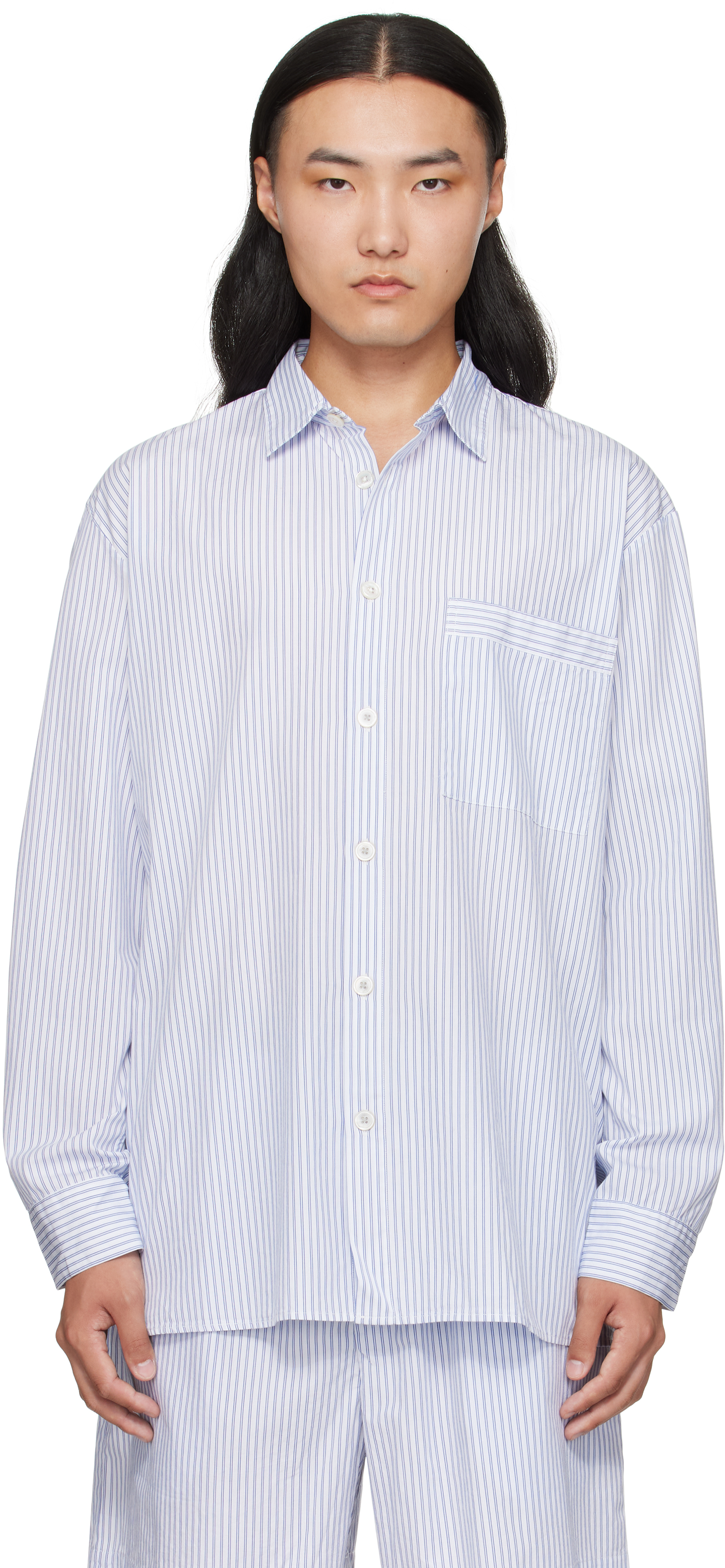 Teklaのホワイト＆ブルー ポプリン 長袖 パジャマシャツがセール中