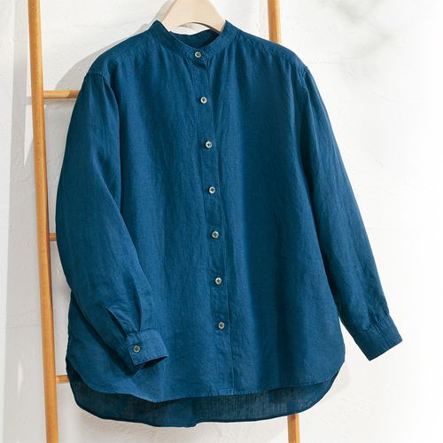 野川染織工業 藍染まめ刺し子織りのスタンドカラーシャツ | ライト