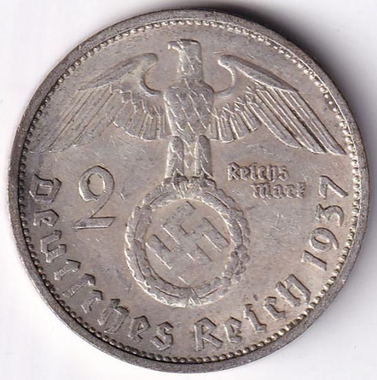 ナチスドイツ2マルク銀貨 ハーケンクロイツ 1937年F 極美品 - ワタナベ