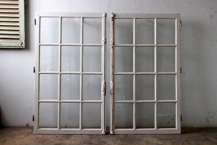 グレモン錠付き アンティーク ガラス窓 シングル2枚セット - フランス