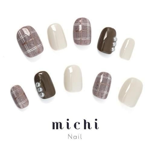 アースカラー×チェックネイル- ネイルチップ専門店ミチネイル