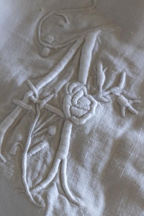 フランスアンティークリネンシーツ | 上質なモノグラム刺繍 - フランス