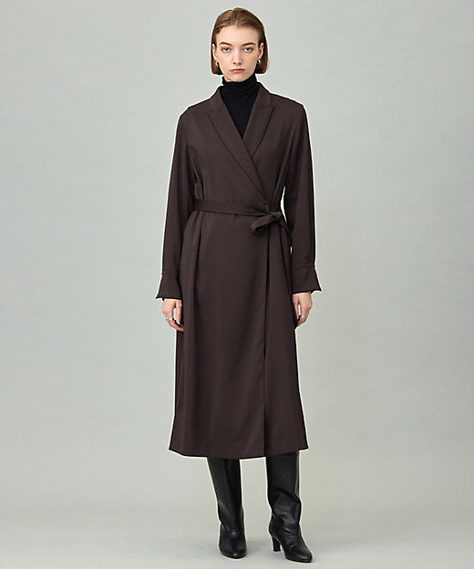 洗える】ストレッチダブルサテン テーラーカラー ラップワンピース