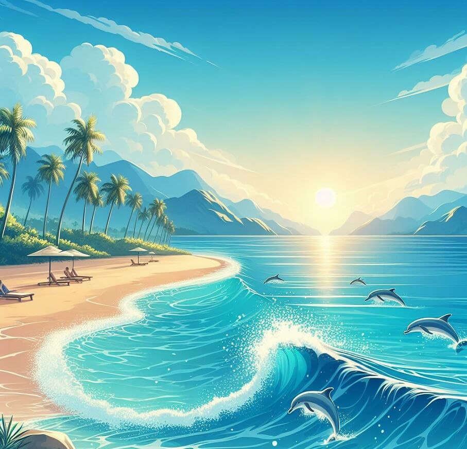 日の出の美しいビーチのイラスト