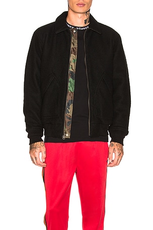 Stussy Boiled Wool Reversible Bomber in Black | REVOLVE
