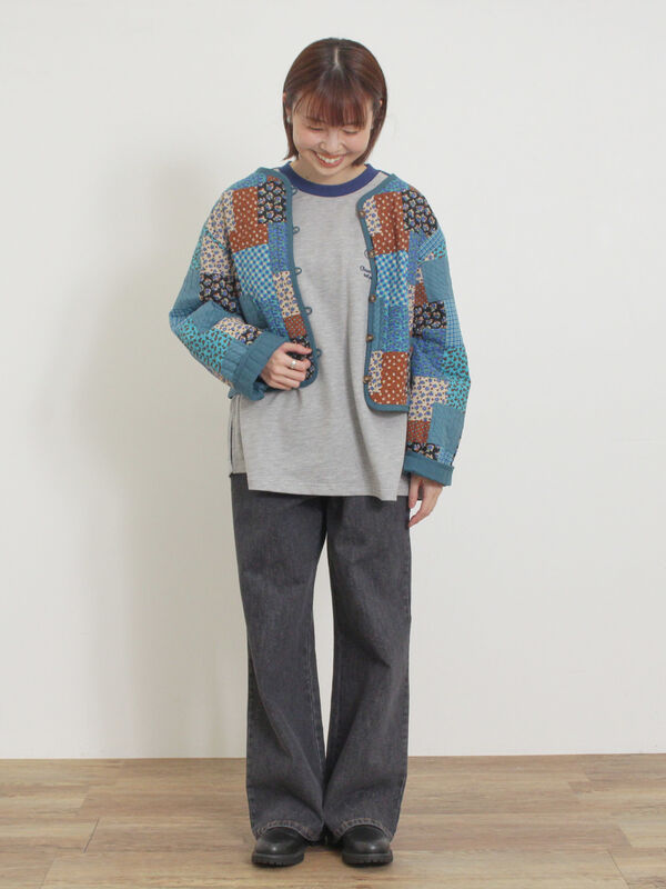 セール】 花柄パッチワーク風キルトジャケット（レッド/イエロー