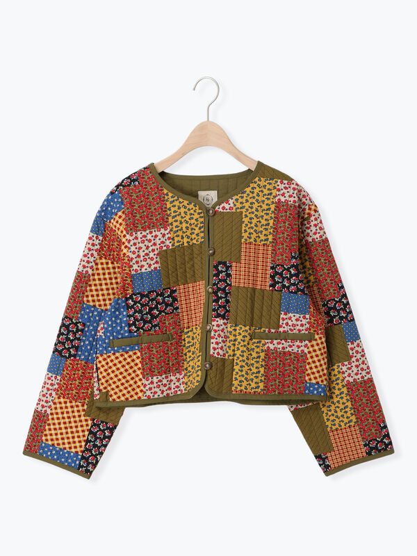 セール】 花柄パッチワーク風キルトジャケット（レッド/イエロー