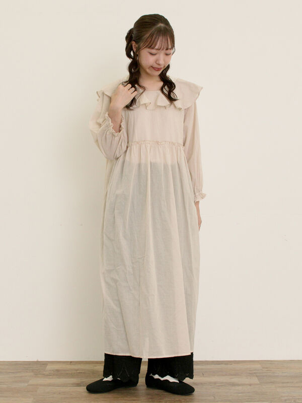 セール】 【S/Mサイズ】柄アソート襟フリル2WAYワンピース（ベージュ