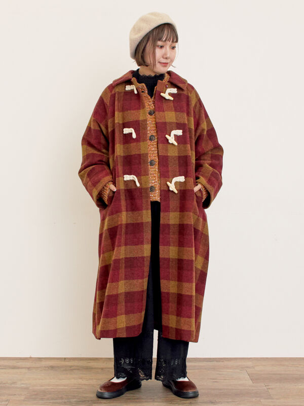 セール】 [タスマニアウール]2WAY襟ロングコート（ブラック/ボルドー