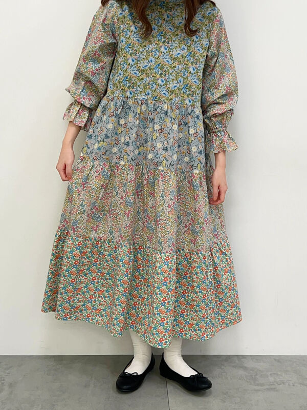 セール】 【LIBERTY】パッチワーク切替ワンピース（イエロー/ブルー