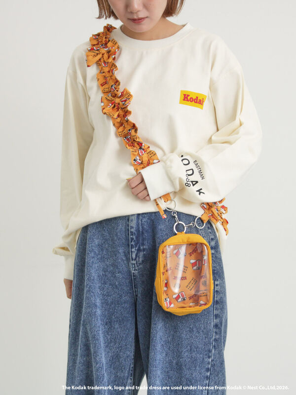 KODAK】総柄スマホストラップ付ポーチ（オフホワイト/イエロー/バッグ