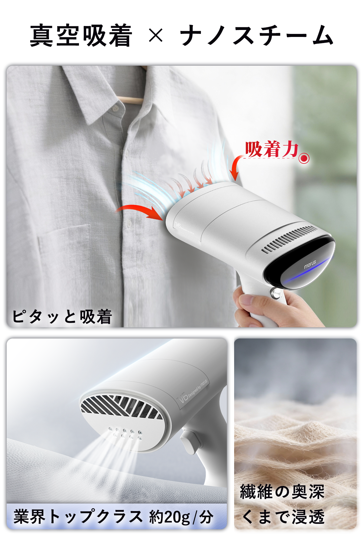 Morus V6吸着式衣類スチーマー 20秒即熱 片手操作 3段吸着力調整 脱臭