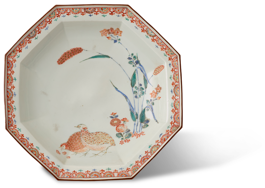 名品❗】江戸時代後期 柿右衛門様式 染錦 双鳥に 梅花紅葉赤花図 輪花