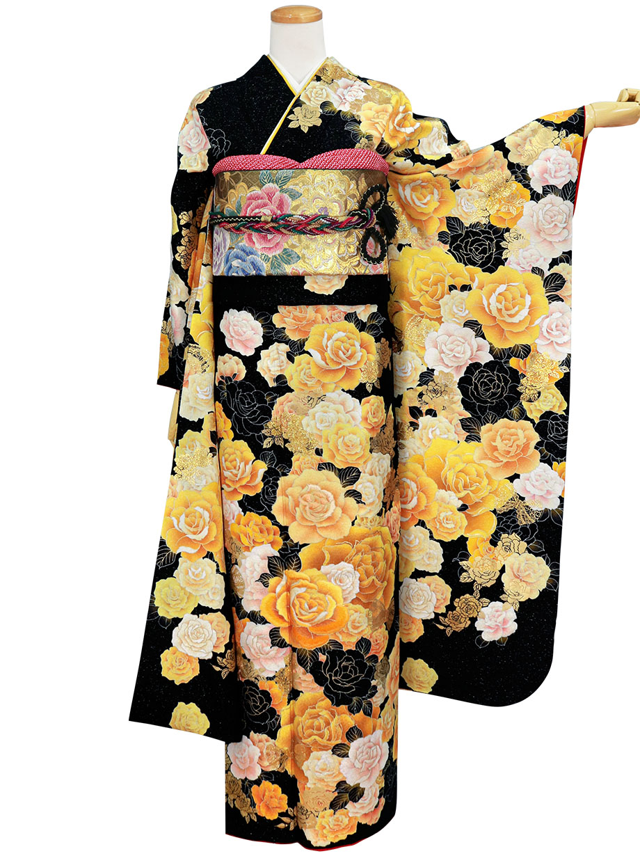 墨色地に金の薔薇の振袖／標準サイズ | 宅配着物レンタルの京都かしきもの