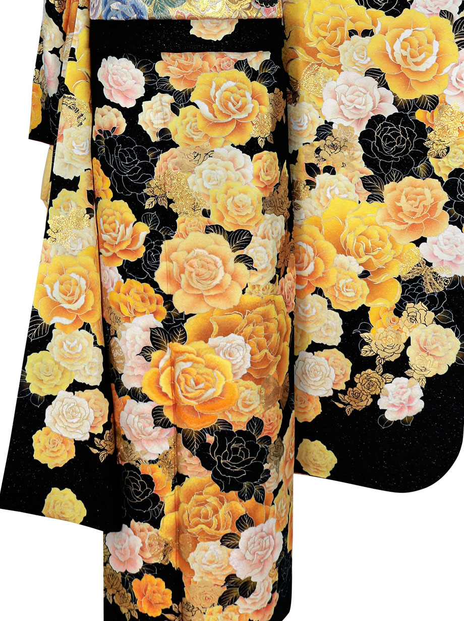 墨色地に金の薔薇の振袖／標準サイズ | 宅配着物レンタルの京都かしきもの