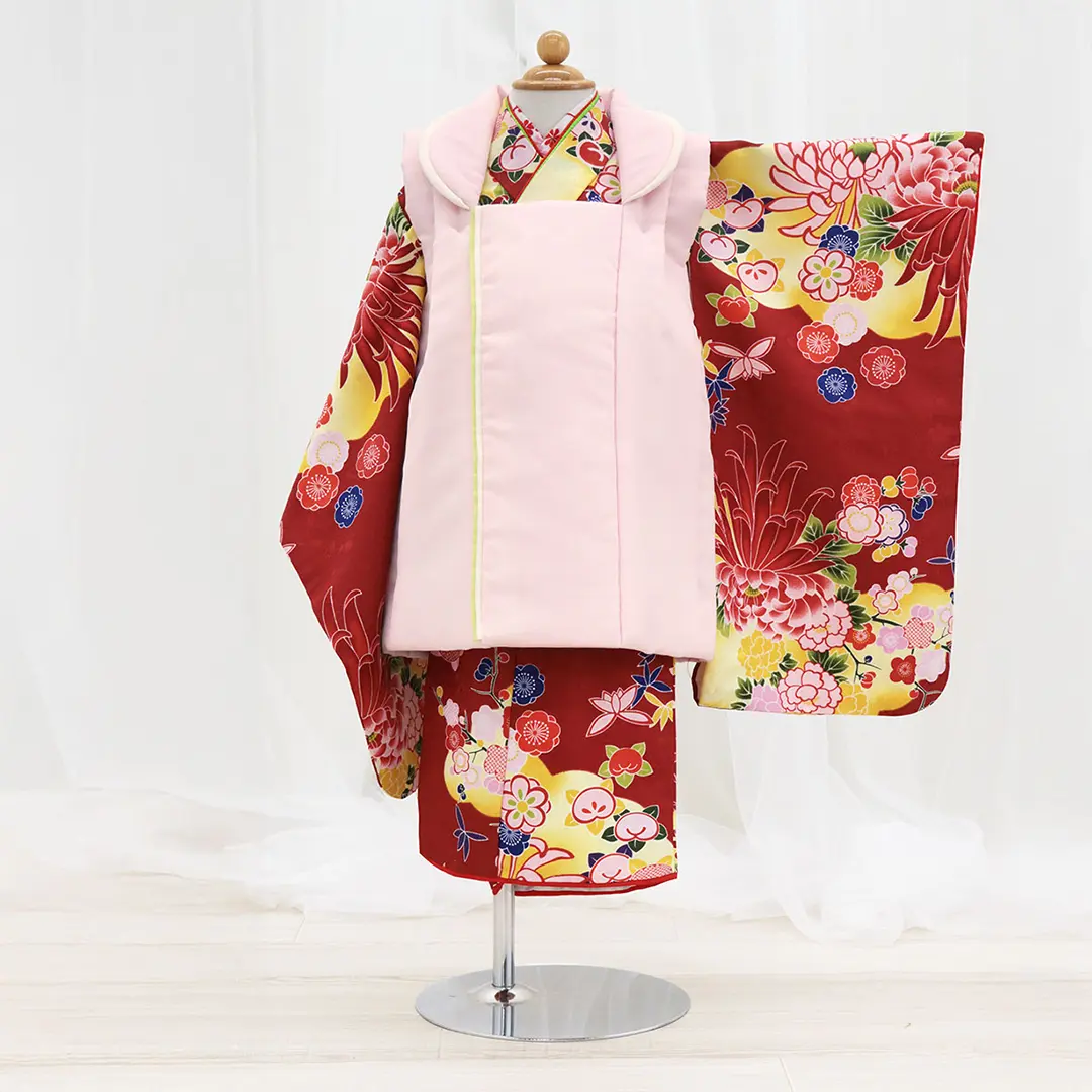 臙脂に菊の着物、ピンクの被布コートセット／七五三・三歳女の子