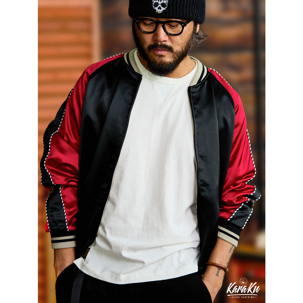 STAY TRUE」刺繍ワッペン コーデュロイ切替裏フリースストライプシャツ