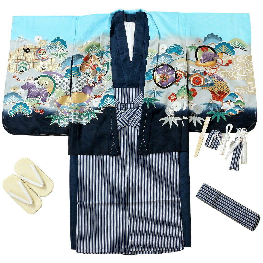 七五三》 羽織袴10点セット 男の子用 ポリエステル ＜羽織：水色×兜柄