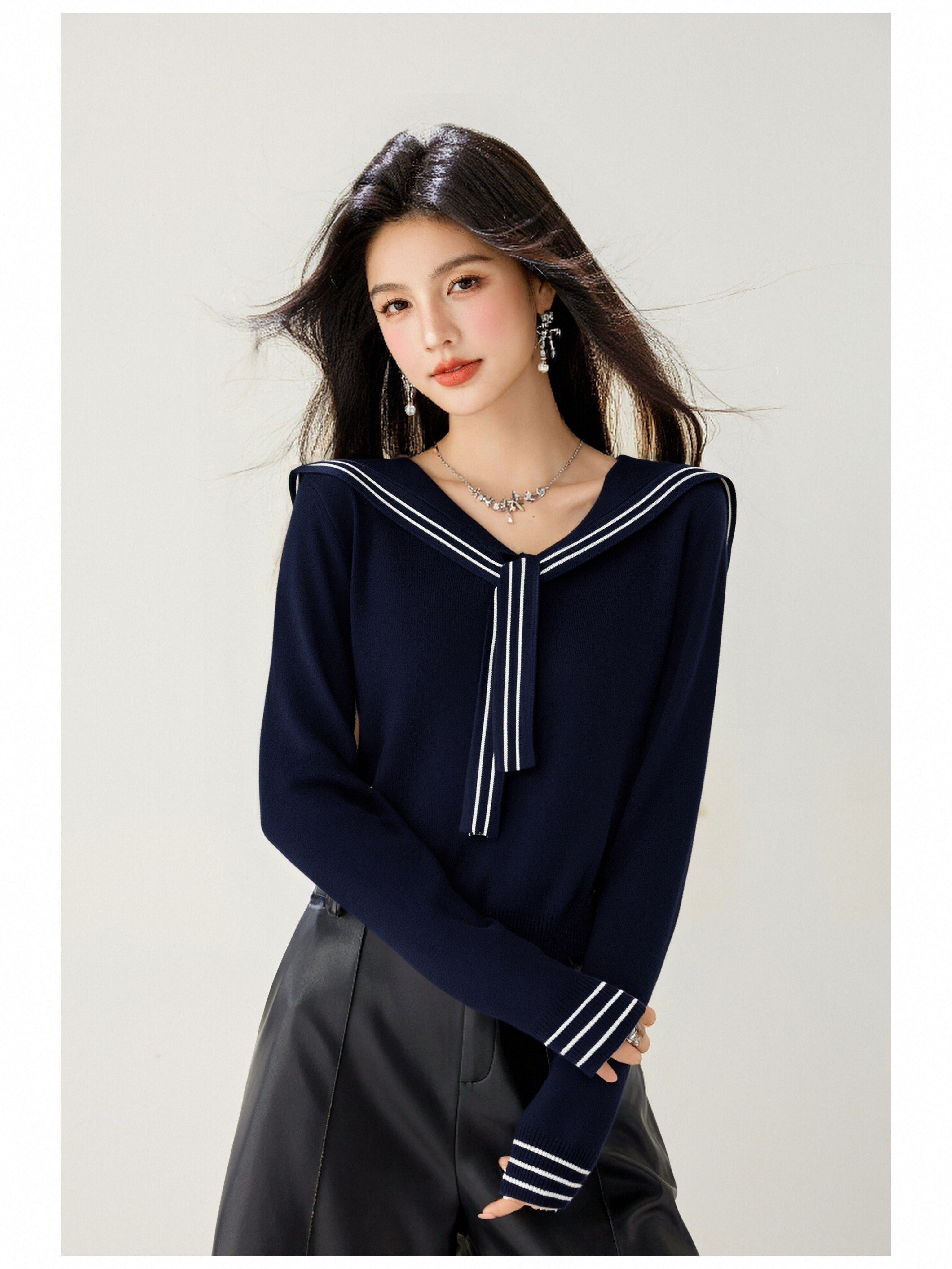 Women's Sailor Collar V-Neck Strip Knit Sweater Blouse – LAI MENG